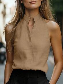 EMERY ROSE Women's Sleeveless Mandarin Collar Linen-Like Tank Top, Versatile And Slimming For Commuting - Khaki - View 3