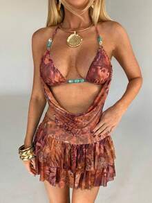 Aloruh 女士度假串珠吊带扎染印花露背吊带背心和低腰荷叶边修身迷你扎染裙套装 - 彩色 - 查看 4