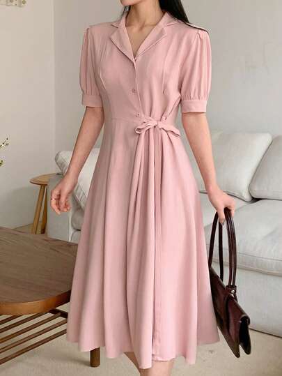 Women's Turndown Collar Ruched Midi Dress Sundress