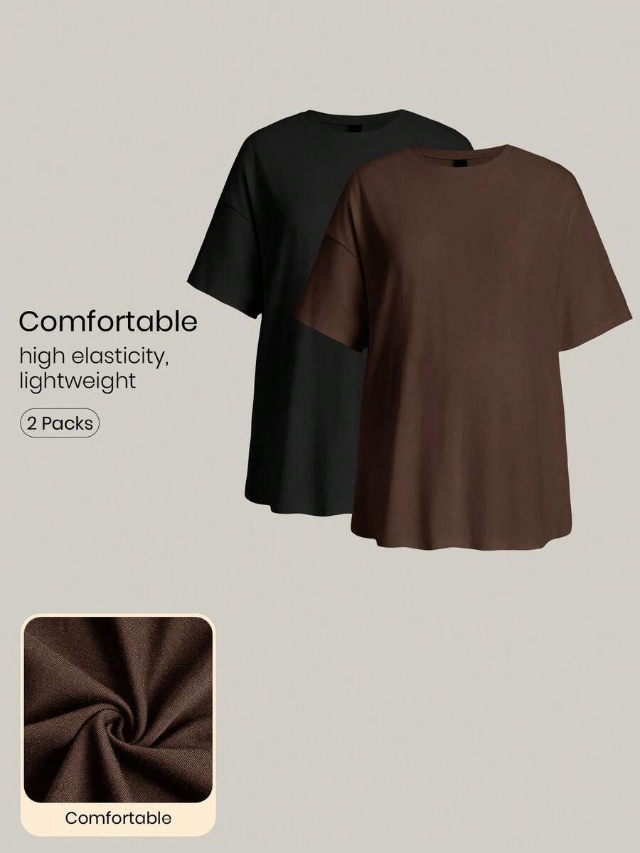 Modmama Casual Loose Fit Long Maternity T-Shirt, Multi-Color Round Neck - Coffee Brown - View 1