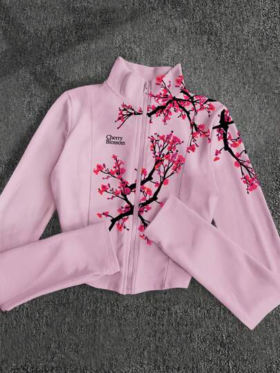 Glimmora Y2K Style Floral Slogan Print Fleece Jacket, Fashionable Casual Sports Zipper Outerwear For Women, Slim Fit Long Sleeve, Suitable For Outdoor Travel, Gift