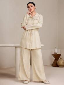 Graceveil Bộ 2 món áo khoác cổ đứng có dây rút điều chỉnh dành cho nữ và quần in họa tiết. - Màu be - Xem 3