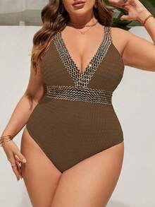 Swim Lushoire Traje de baño de una pieza con escote en V profundo para mujer de talla grande, adecuado para vacaciones en la playa, fiestas en la piscina y fiestas en la playa - Marrón - Ver 4