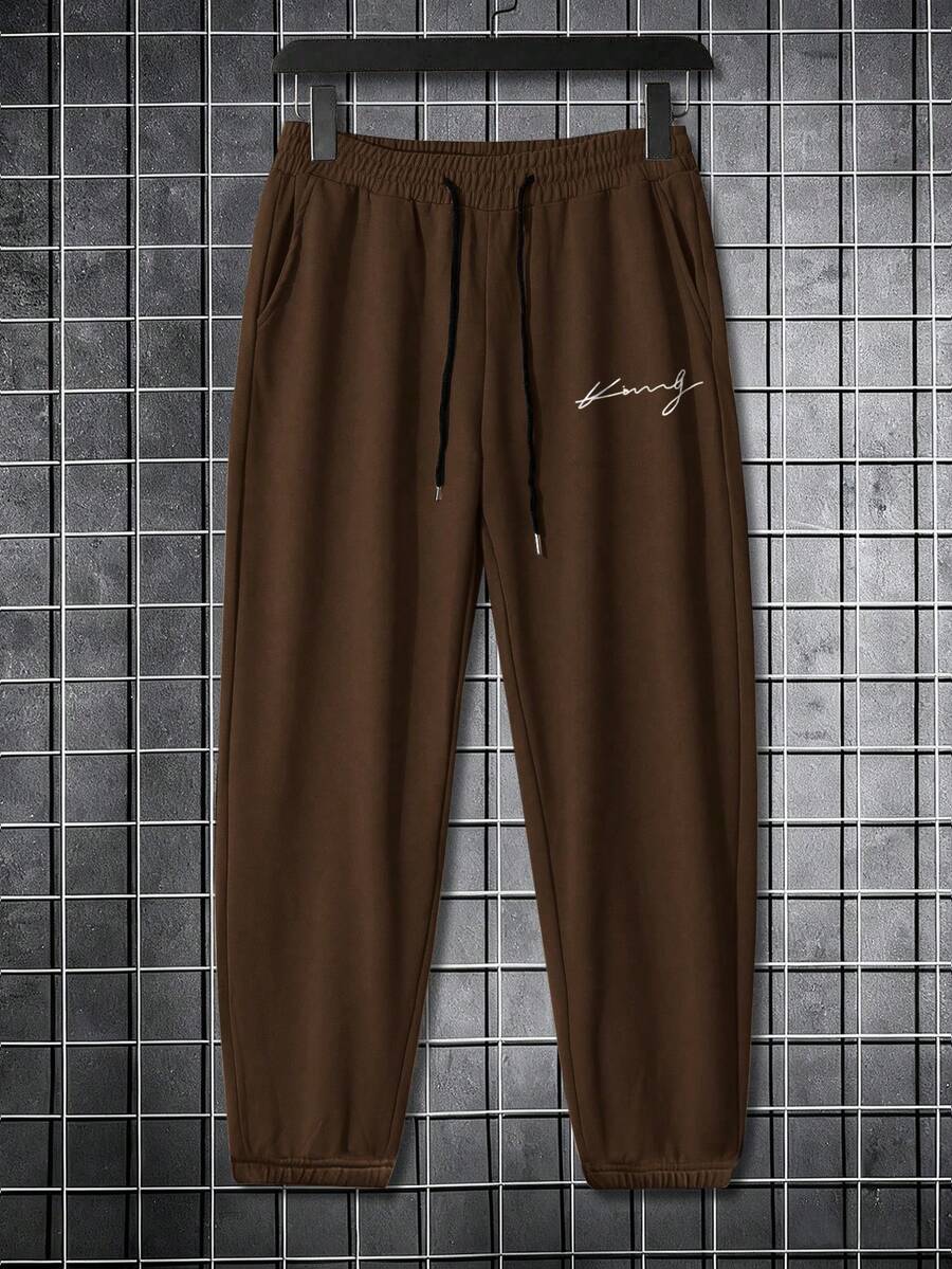 Manfinity Homme Men's Casual Letter Print Drawstring Waist Sports Pants, Autumn - Coffee Brown - View 1