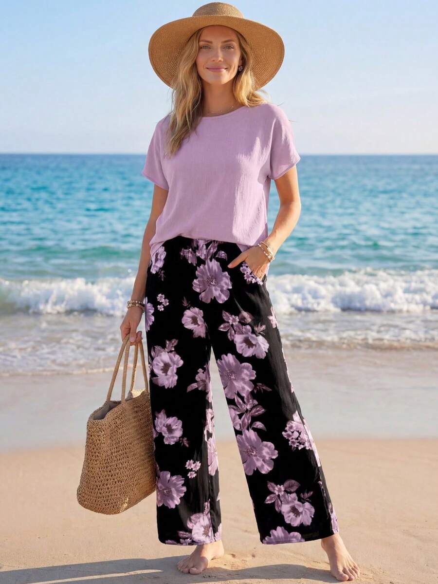 Sylviya Bộ 2 bộ đồ liền thân in họa tiết hoa giản dị dành cho nữ, đa năng cho mùa xuân và mùa hè - Nhiều màu - Xem 1