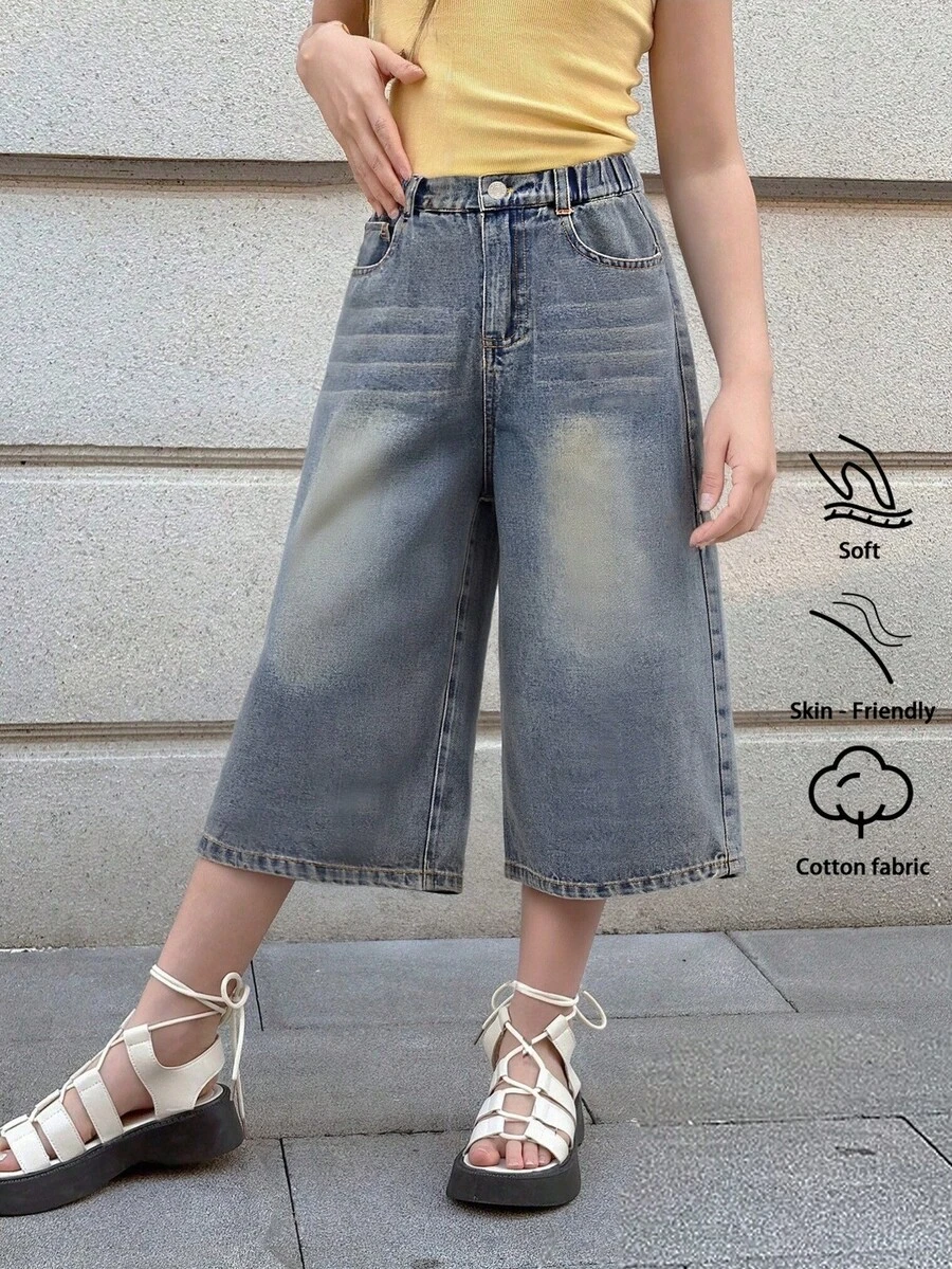 女童时尚牛仔七分裤，夏季轻盈新款，休闲街头风设计，基础款五口袋宽松九分牛仔裤，柔软棉质牛仔面料，适合日常、聚会、上学、通勤等场合。