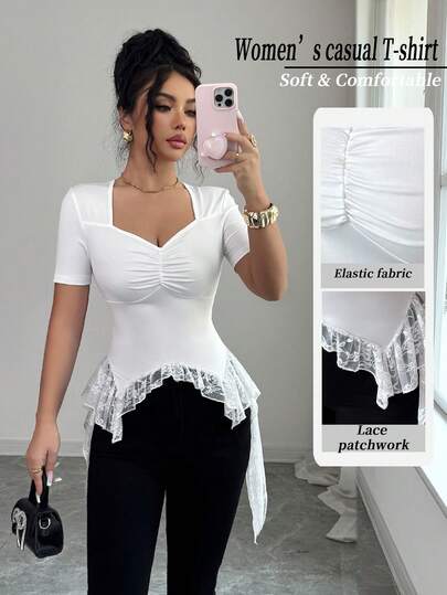 Elenzga 女士新款时尚优雅白色针织甜心领短袖收腰不规则下摆蕾丝装饰T恤，适合通勤、街头风、法式浪漫、休闲、中东复古、下午茶聚会、派对、春夏穿着。