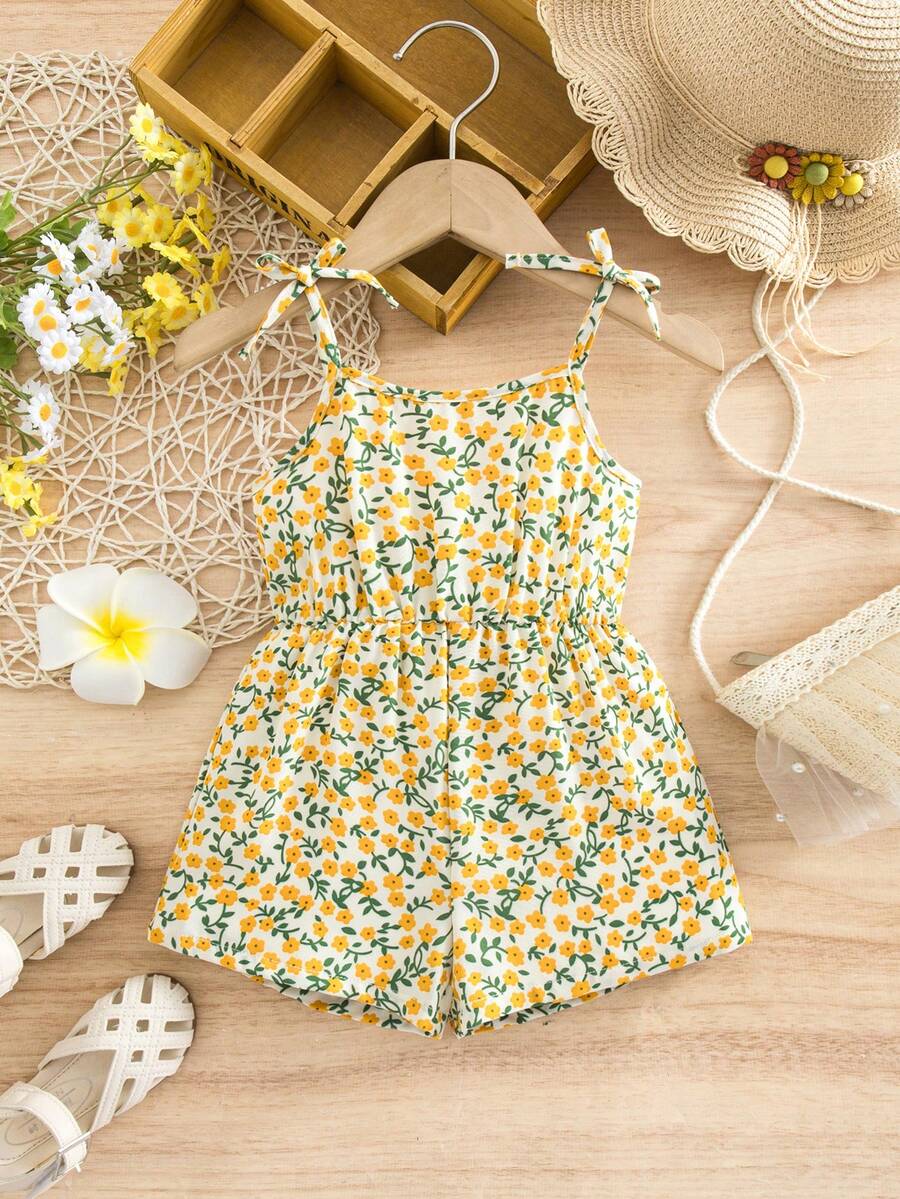 SHEIN Mono casual con estampado floral ditsy lindo para niña, mono floral de verano lindo para bebé niña, mono de verano con estampado floral, mono con pernera de primavera - Amarillo - Ver 1
