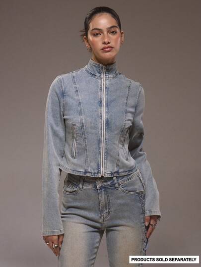 MUSERA Áo khoác denim dáng ôm cổ cao buộc dây, chỉ dành cho mùa đông, phong cách đường phố dễ thương, thích hợp đi chơi, phong cách phương Tây, màu bạc phai.