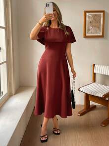 DAZY 女士披肩领收腰中长连衣裙 - 酒紅色 - 查看 5