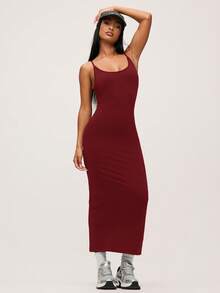 SHEIN BASICS 纯色吊带修身休闲晚宴约会连衣裙/夏季/夏季连衣裙 修身连衣裙 女士连衣裙 - 酒紅色 - 查看 4