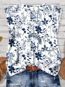 EMERY ROSE 大码女式印花休闲衬衫，适合夏季穿着，白色女式衬衫 - 藍白色 - 查看 2