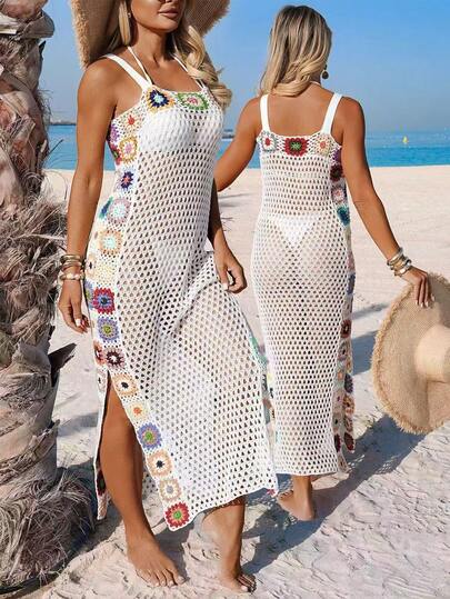 Swim Lushoire 复古钩针编织露背镂空长裙，宽松轻薄休闲沙滩罩衫，波西米亚风春夏度假装