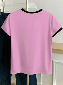 女士休闲豹纹爱心图案撞色滚边圆领短袖T恤，夏季 - 粉色 - 查看 2