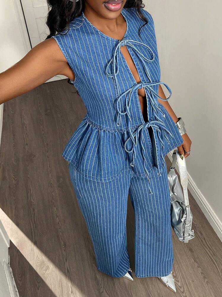 Sleeveless Crew Neck Tie Front Top And Striped Casual Pants Denim Suit For Women