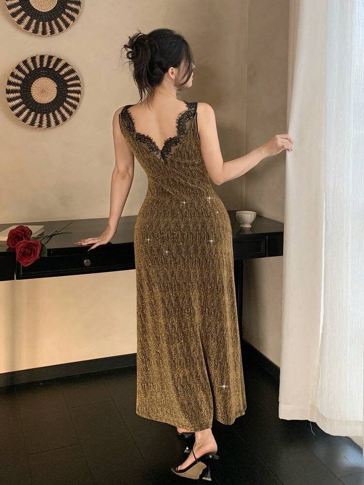 Glamorous Sequin & Satin Lace Patchwork Waist Cinched Long Women Nightgown