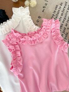 Genkimix Kids Young Girls 3 Pieces Set: Girls' Summer Solid Ruffled Tank Tops - Pink, White & Black - Multicolor - View 3