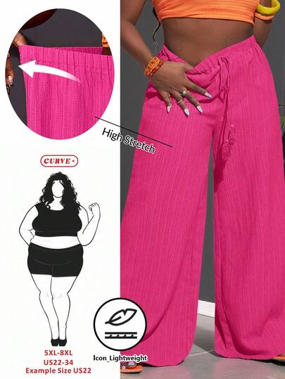 SHEIN CURVE+ Curve Size US22Music Festival, Seaside Vacation, BohemiaWomen's Loose Black Wide Leg Woven Pants With Waist Strap