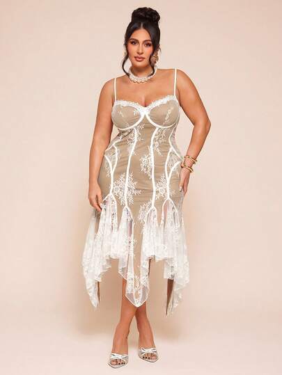 SHEIN BAE Plus Size Women White Lace Asymmetrical Long Valentine's Day Dress