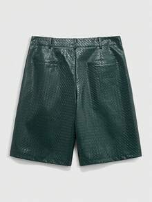 ROMWE MEN Street Life Quần short nam màu trơn, kiểu dáng tối giản, chất liệu PU có vân, thích hợp mặc thường ngày. - xanh quân đội - Xem 2
