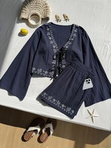 SHEIN Comfortcana 春夏藏蓝色波西米亚风腰果印花系带衬衫短裤休闲度假大码两件套 - 藏蓝色 - 查看 8