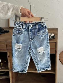 SHEIN LMoss Kids 男婴蓝色牛仔紧身锥形裤 - 淺色水洗藍 - 查看 7