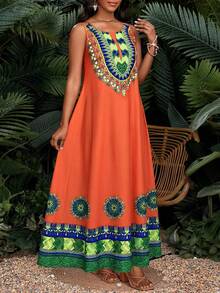 SHEIN Lady 女士印花圆领无袖休闲宽松中长连衣裙 - 彩色 - 查看 5