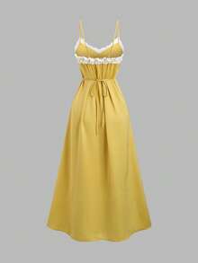 Sweetra Women's Elegant Contrast Lace Cinching Waist Dress, Suitable For Dates In Summer. Spring/Summer Vacation Outfit. - Yellow - View 2