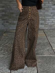 DAZY 女士全印花豹纹宽松休闲牛仔裤，韩版街头风 - 咖啡棕 - 查看 5