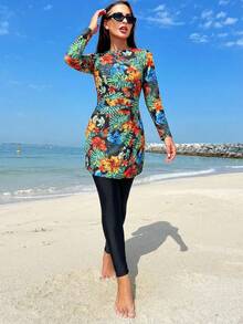 Swim Mulvari Women's Tropical Floral Ruched Burkini Two-Piece Dress & Pants Full Coverage Swimsuit, Spring/Summer - Multicolor - View 3