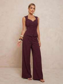 Lumalex Bộ đồ nữ mùa xuân/hè, tiệc tùng, tiệc chiêu đãi, trang phục sang trọng, lấp lánh, tiệc lễ hội, dã ngoại, kỳ nghỉ, ngoài trời, tiệc cưới, lễ trưởng thành, màu đỏ tía sọc, cổ đứng, khoét eo, khuy kim loại, ống quần thẳng, kèm áo vest không tay, sang trọng, dự tiệc prom, Giáng sinh, Năm mới, quần áo ấm áp mùa thu và đông cho nữ. - Màu Đỏ Sâu - Xem 4