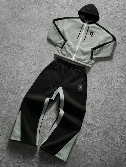 PAVTROS Men's Letter Print Drawstring Hooded Zip Pocket Long Sleeve Sweatshirt And Sweatpants Casual Tracksuit Set