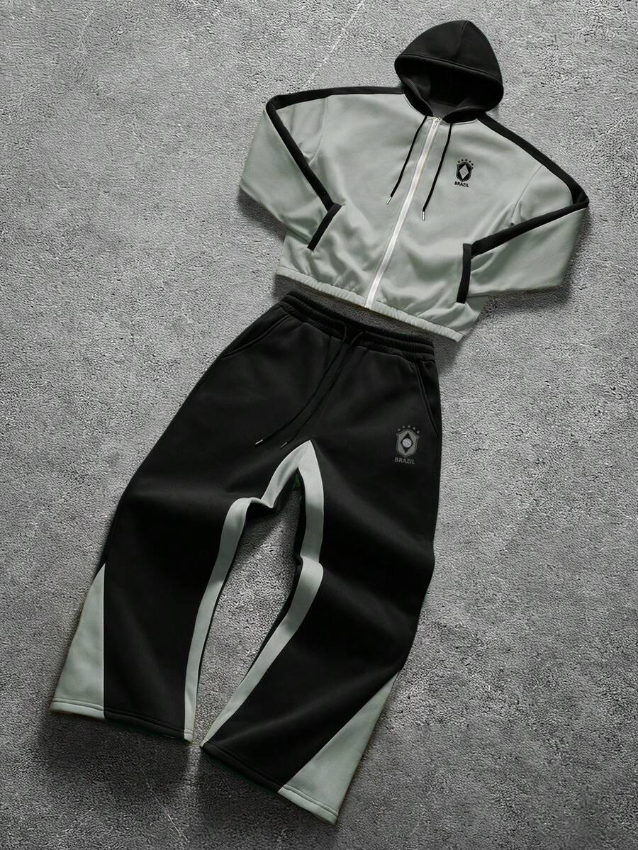 PAVTROS Men's Letter Print Drawstring Hooded Zip Pocket Long Sleeve Sweatshirt And Sweatpants Casual Tracksuit Set - Black - View 1