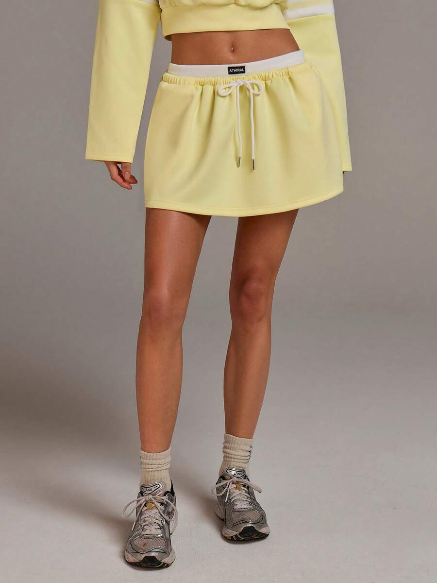 Athîral Women's Casual Patchwork Yellow Drawstring Waist Skirt - Light Yellow - View 1