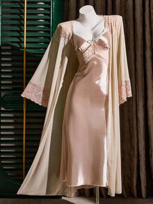 SilkySpell Elegant Satin Lace Robe Robe Women Sleepwear Set - Champagne - View 7