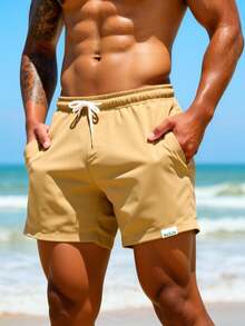 Manfinity KASUA Men's Solid Color Elastic Waist Drawstring Beach Shorts, Holiday - Camel - View 7