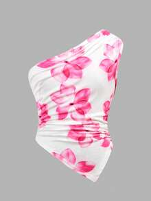 SHEIN 少女休闲优雅花卉褶皱不对称下摆衬衫 - 白色 - 查看 4