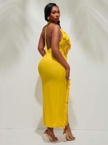 Radiana 大码女装时尚休闲性感度假荷叶边V领露背高开衩修身连衣裙，春夏款 - 黃色 - 查看 9