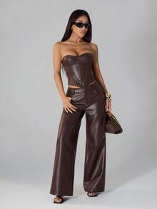 SHEIN PETITE 女士棕色时尚性感派对PU抹胸露脐上衣，皮革束身衣，棕色上衣，夜店上衣，派对上衣，皮革上衣，夏季上衣，抹胸束身衣，万圣节上衣，圣诞节上衣，新年上衣 - 酒紅色 - 查看 7