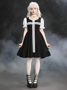 ROMWE Gothic Lolita Puff Sleeve Cross Lace Loose A-Line Dress - Black - View 1
