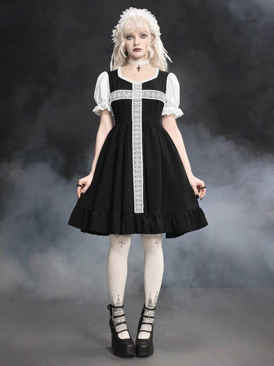 ROMWE Gothic Lolita Puff Sleeve Cross Lace Loose A-Line Dress - Black - View 1