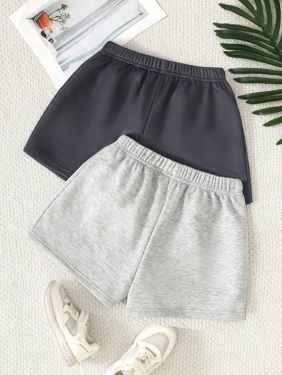 2pcs Tween Girls' Casual Solid Color Knit Wide Leg Shorts - Grey - View 1
