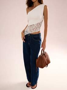 Avenya 不对称下摆撞色蕾丝肩部上衣 - 白色 - 查看 2