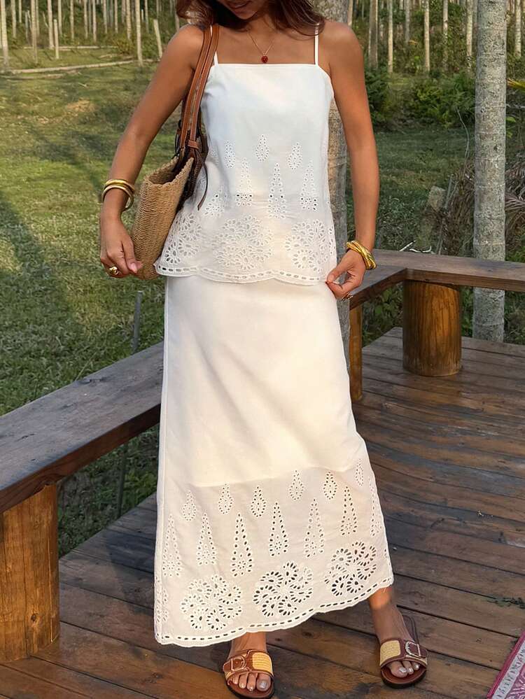 2pcs Women Solid Color Floral Embroidery Hem Fitted Maxi Dress & Camisole Set, Elegant Vacation Outfit, Spring/Summer