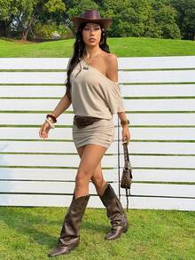 SHEIN EZwear Đầm ngủ ngắn bằng dây kim loại dành cho nữ - Vàng - Xem 5