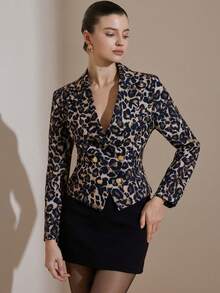 Aveloria Rosie Leopard Print Random Pattern Gold Button Cropped Boxy Shoulder Elegant Versatile Women Blazer Jacket - Multicolor - View 6