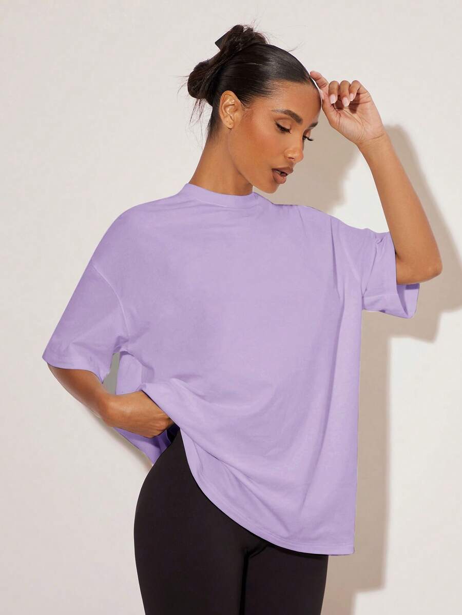 SHEIN BASICS 女款素色圓領落肩休閒寬鬆T恤夏季上衣