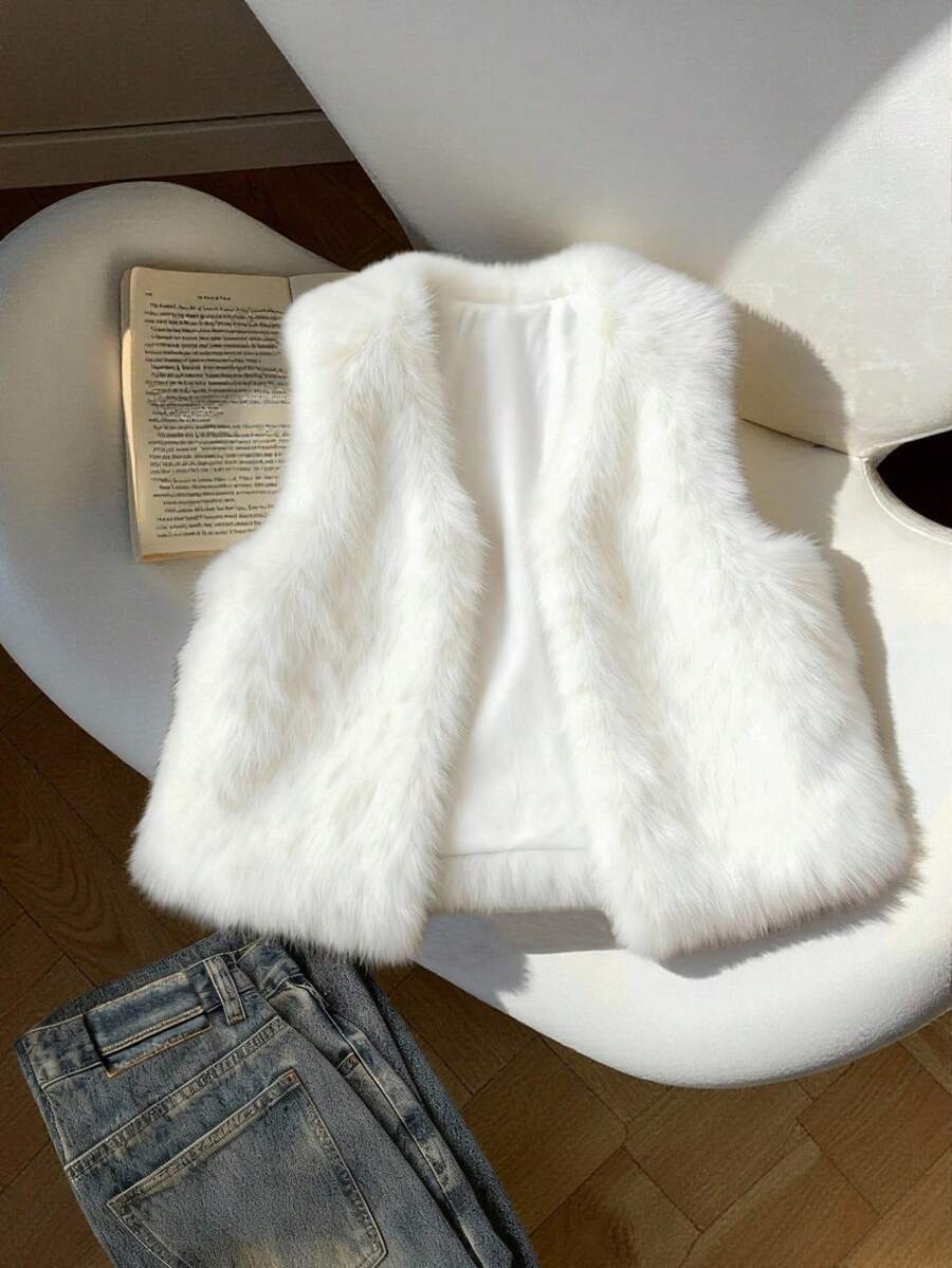 Tween Girl Casual Warm Front Open Sleeveless Jacket, Autumn/Winter - Beige - View 1