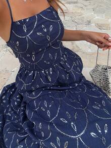 Livesso Sleeveless Tie-Waist Printed Midi Dress For Women, Vacation - Navy Blue - View 7