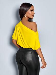 SOLERSUN Women's Solid Asymmetrical Neck Ruched Shoulder Tee - Yellow - View 2